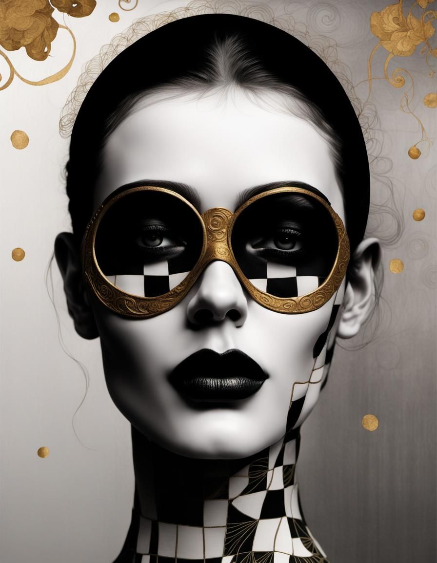 Art by Gustav Klimt, Art Nouveau interpretation of plaid, intricate, flowing patterns adorning the gowns of ethereal fig...