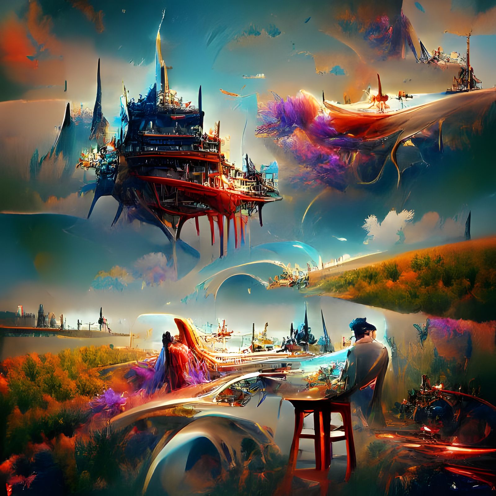 Sci-Fi Landscape with Spaceships: Retro Psychedelic Art