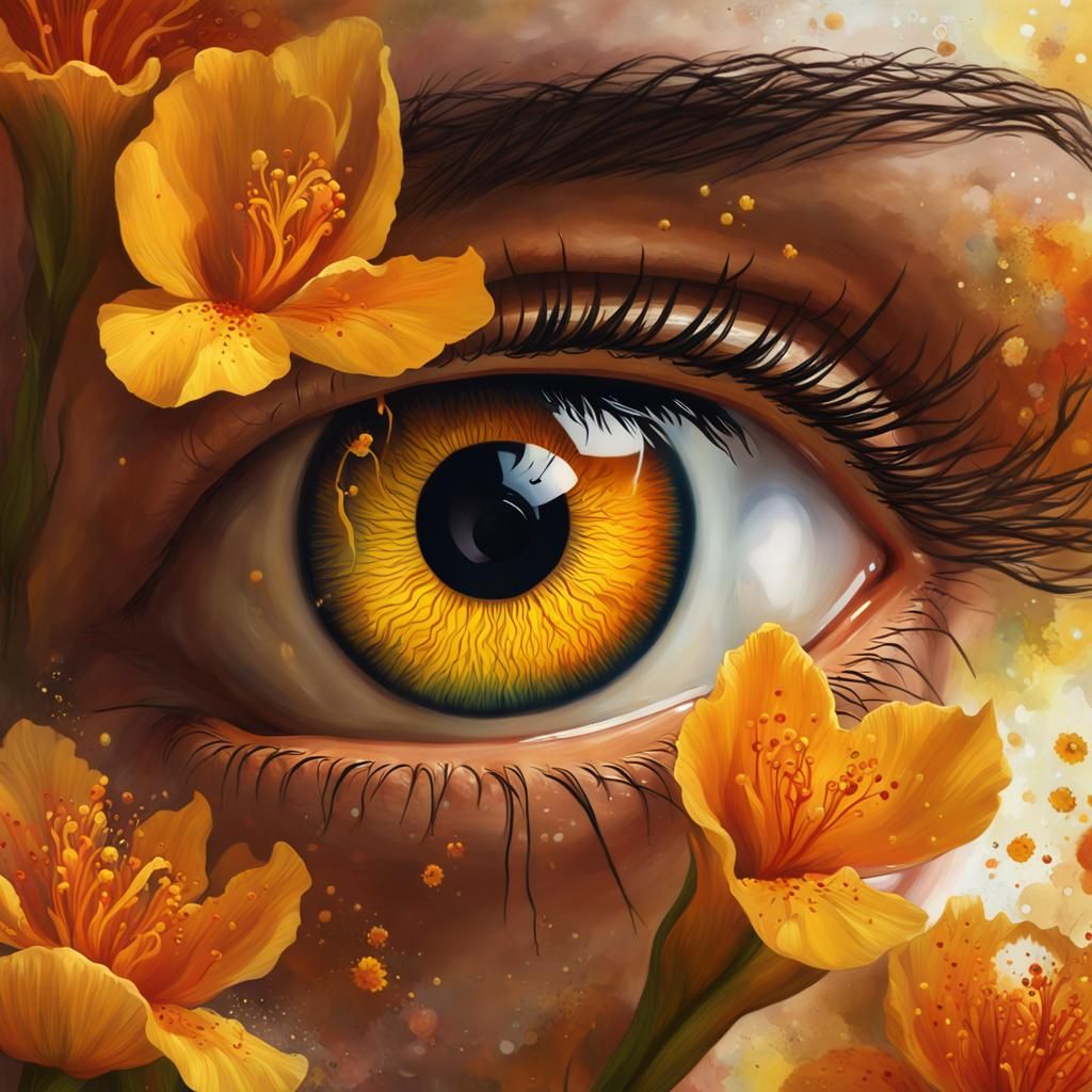 Hyperrealistic Eye with Golden Highlights and Flowers