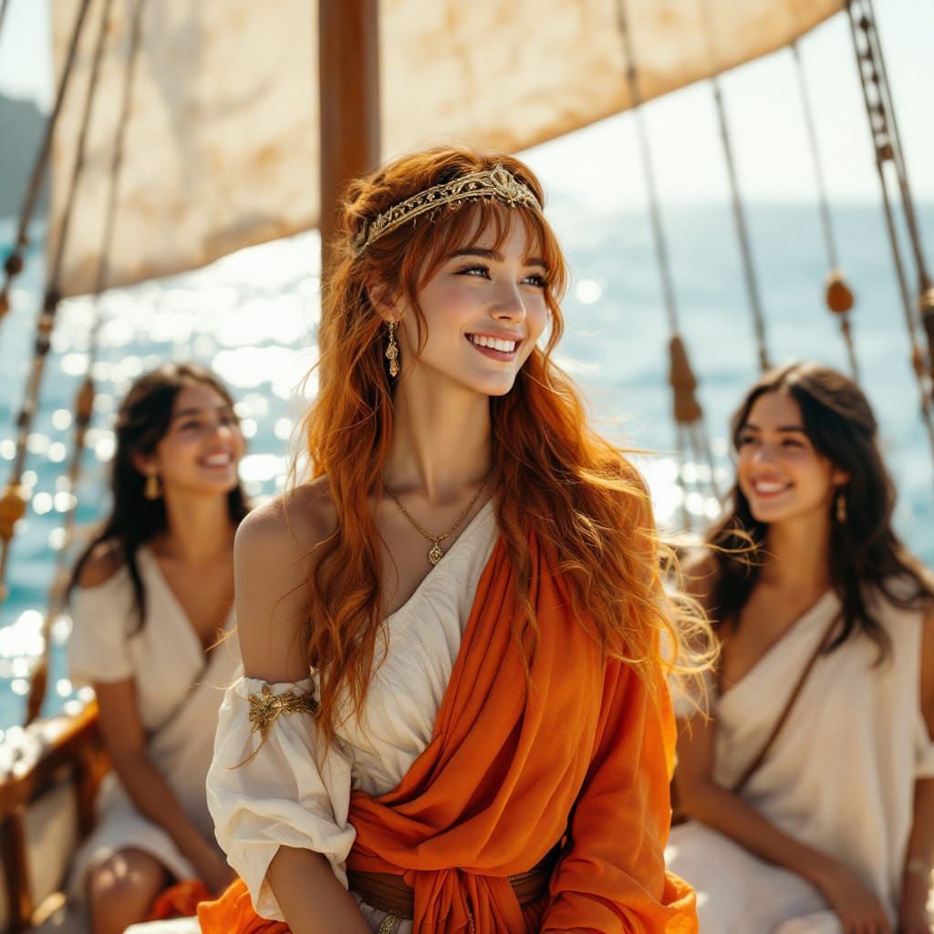 Asian Queen in Ancient Greek Ship on Azure Sea