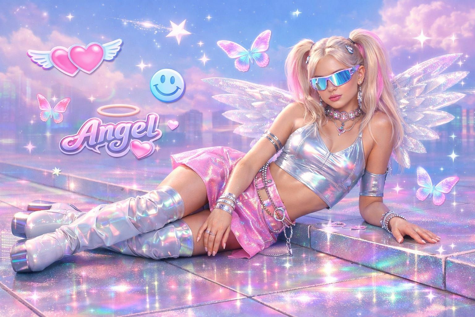 Cyber Angel on Holographic Sidewalk in Y2K Style