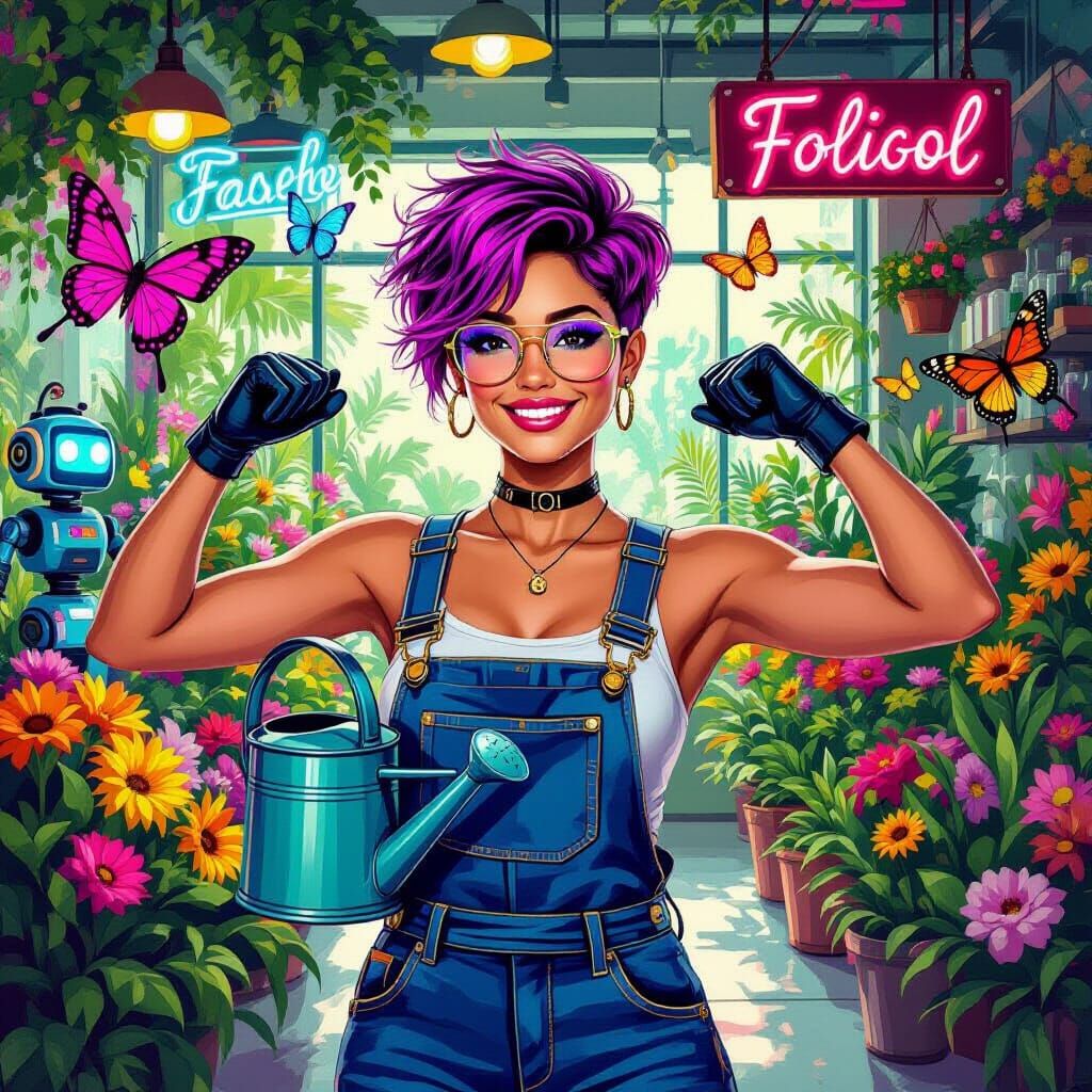 Futuristic Flower Shop Scene in Impressionist Style
