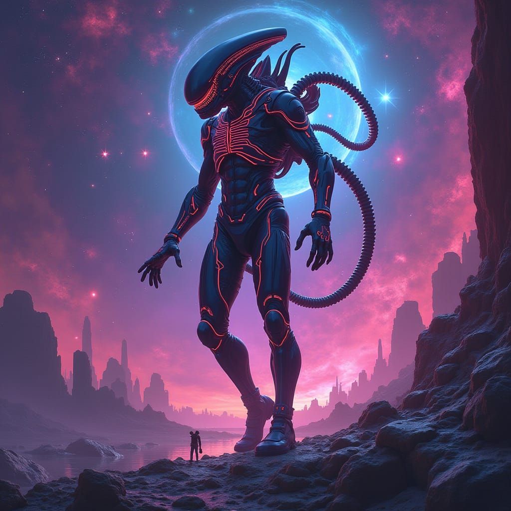 Futuristic Alien in Quantum Exosuit Explores Neon-Lit Cosmic...