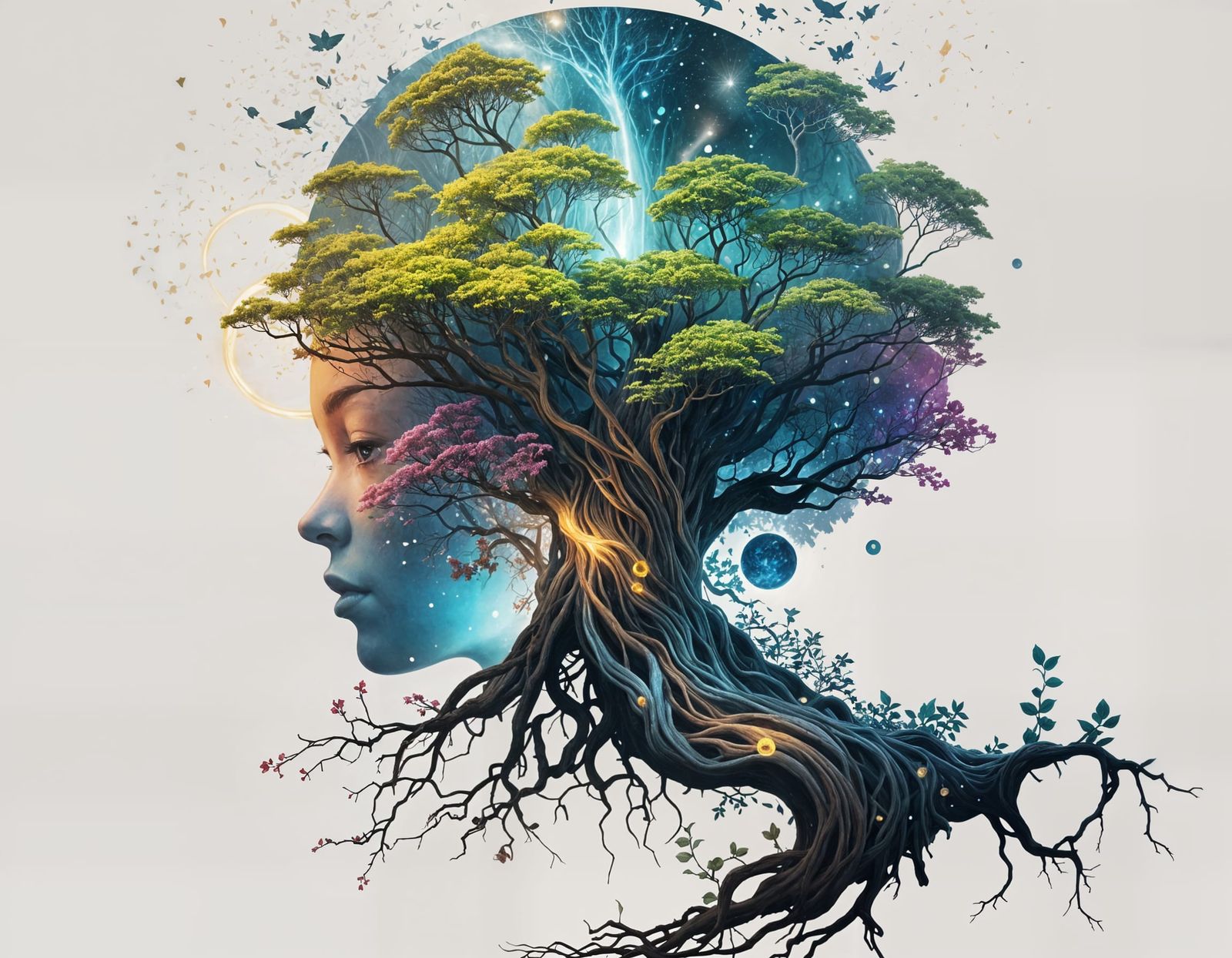 Abstract Magical Tree with Glowing Leaves and Mystical Energ...