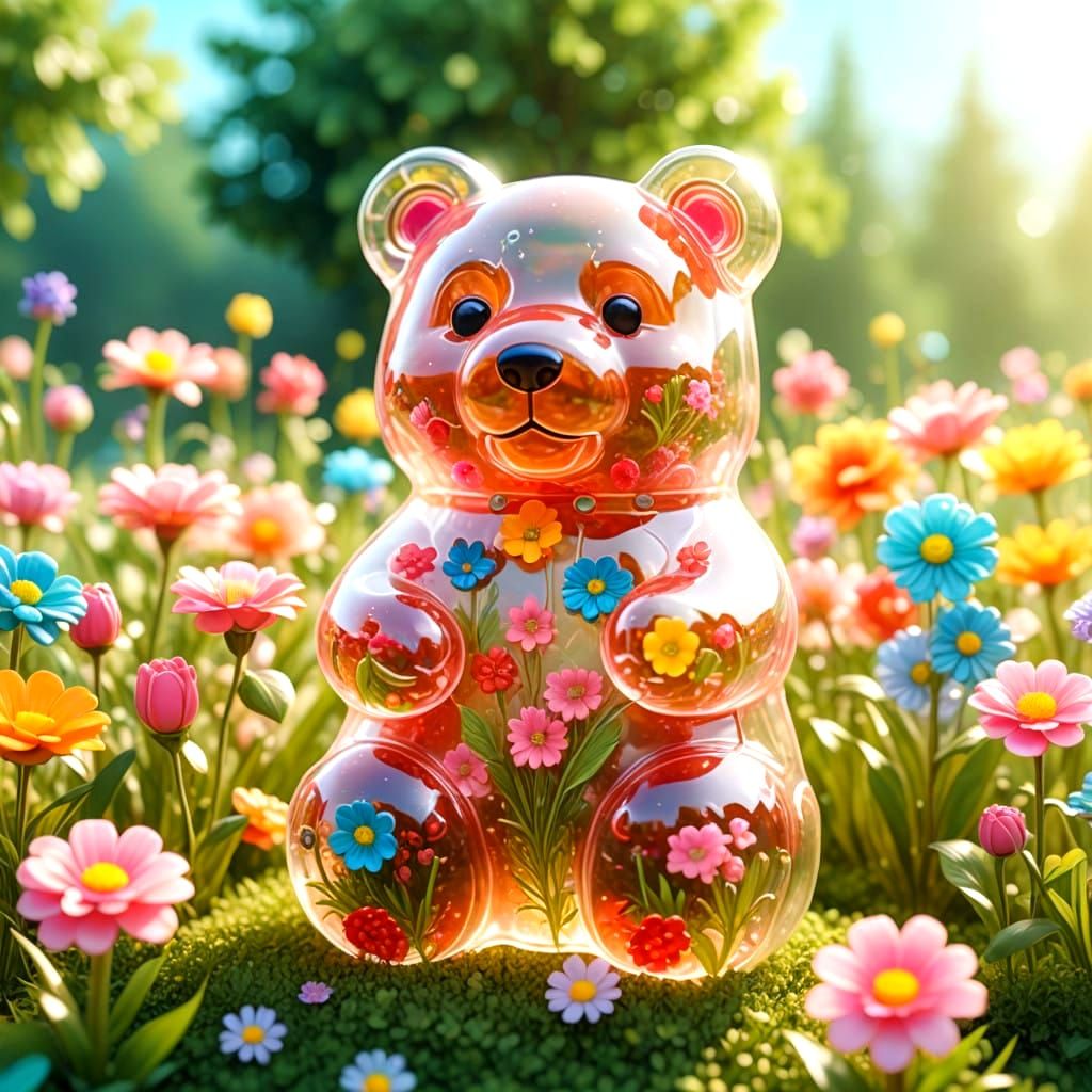 Vibrant Gummy Bear in Whimsical Spring Garden