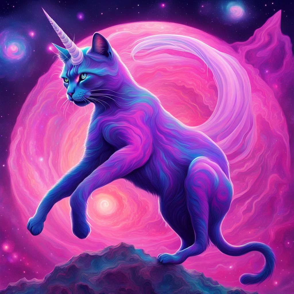Astral Cat with Unicorn Horn Illustration