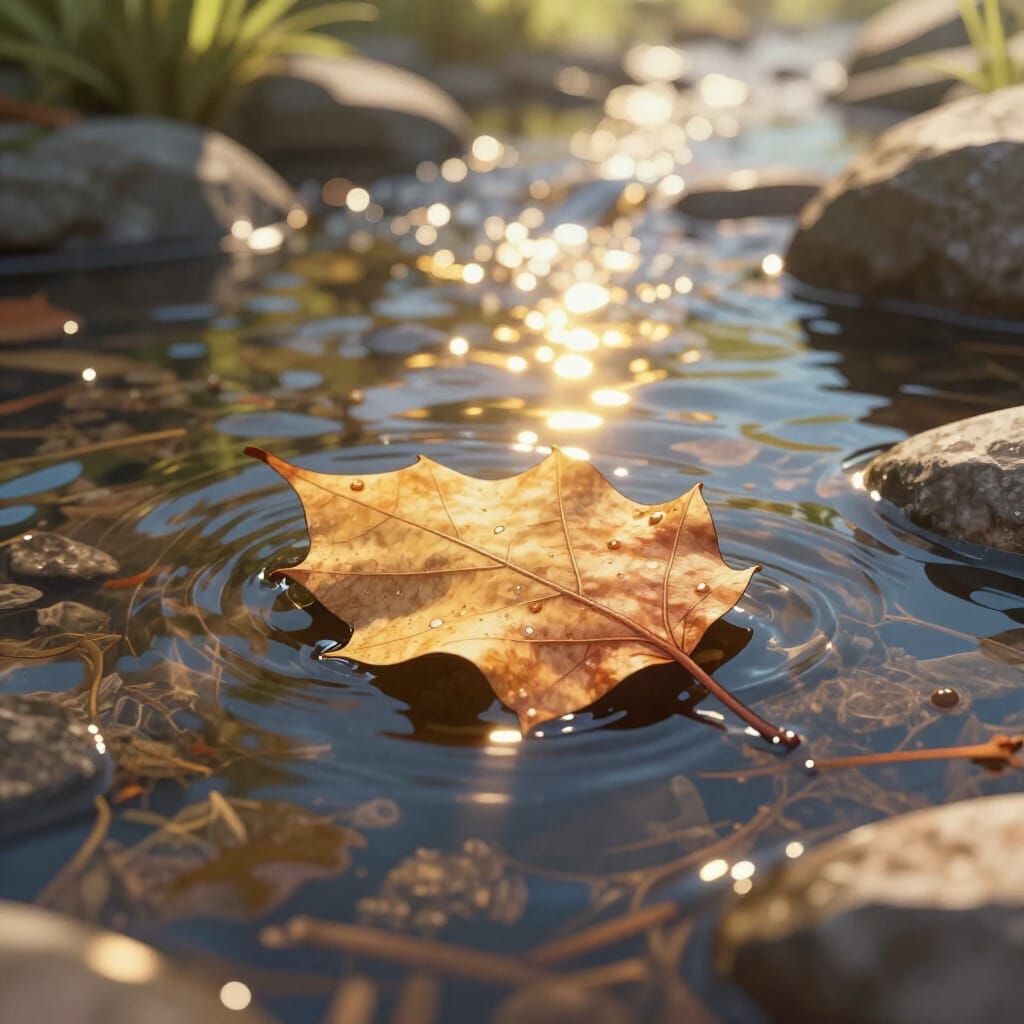 Golden Sunlight on Leaf Floating Down Spring Stream