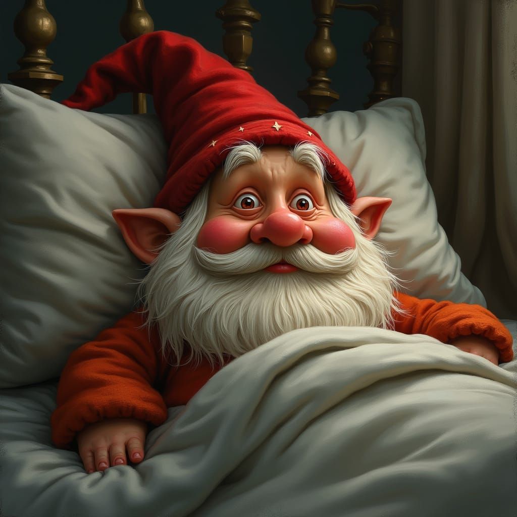 Gnome Sick in Bed with Red Eyes