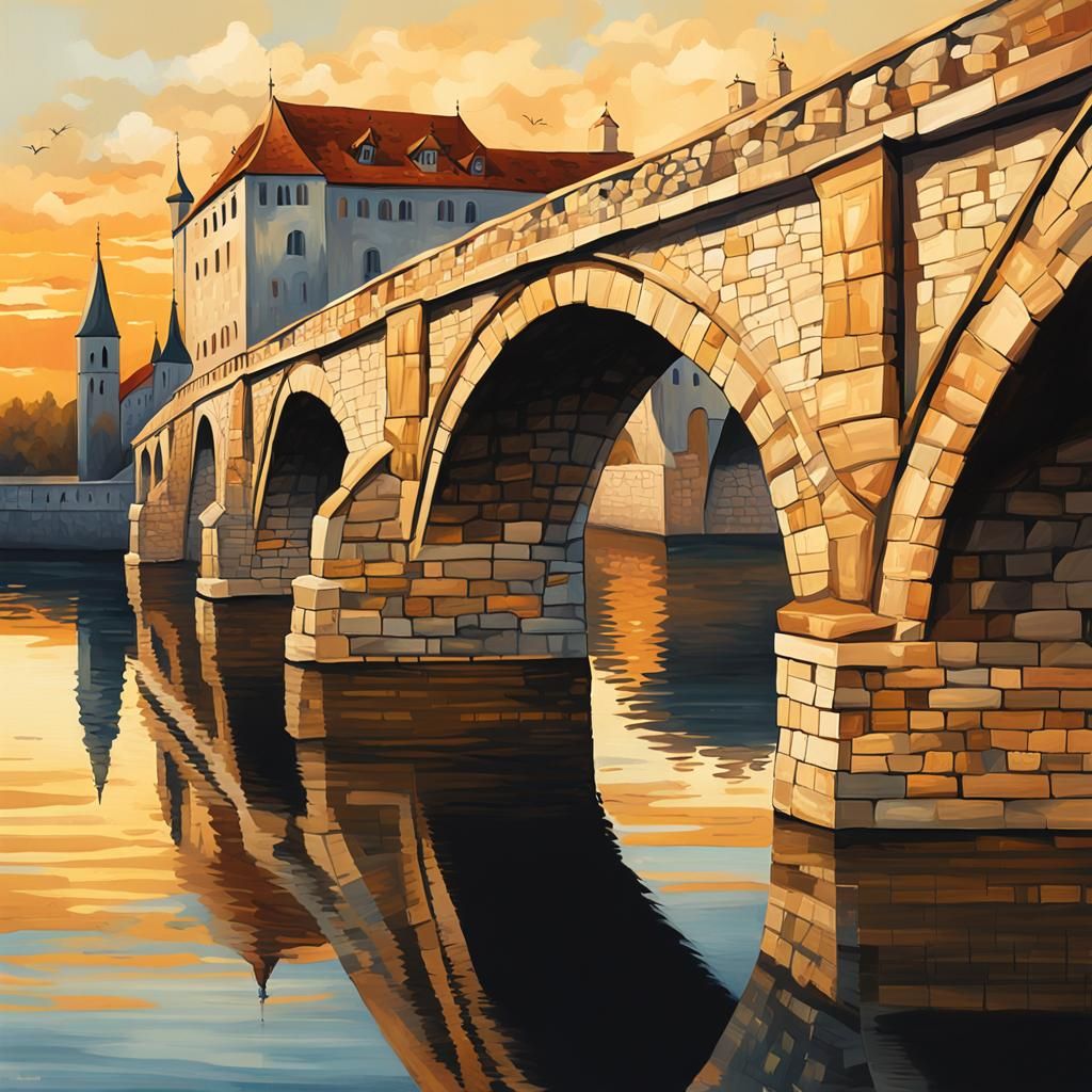 Majestic Medieval Stone Bridge Illustration in Golden Light