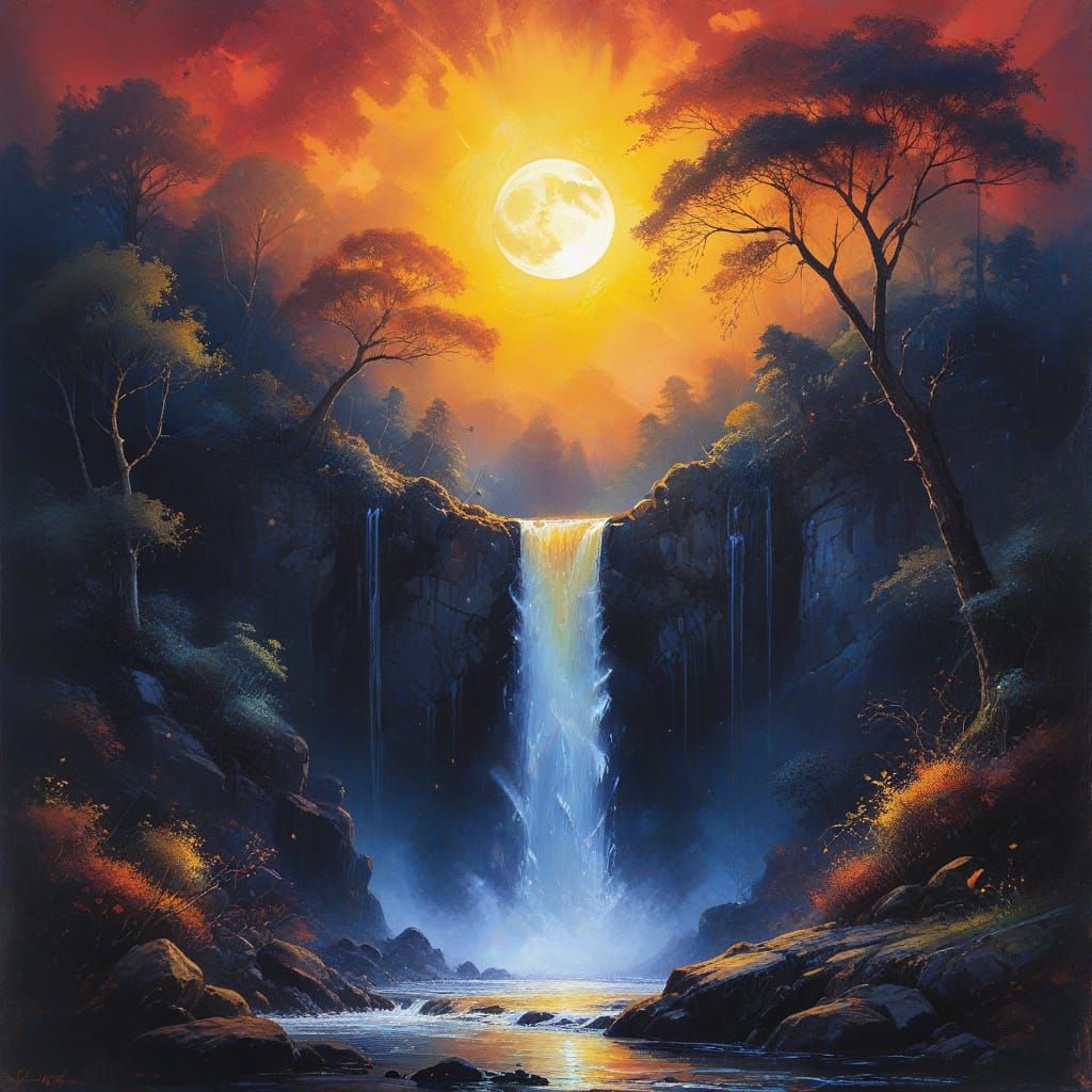 Glowing Moonlit Waterfall in a Vibrant Grunge Style