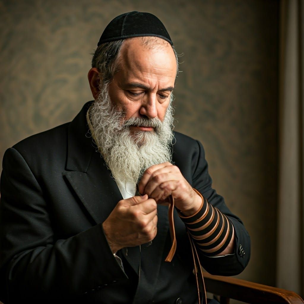 Devout Jew Observes Tefillin in Contemplation