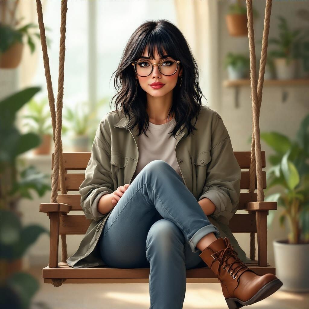 Confident Woman in Chic Outfit on Wooden Swing