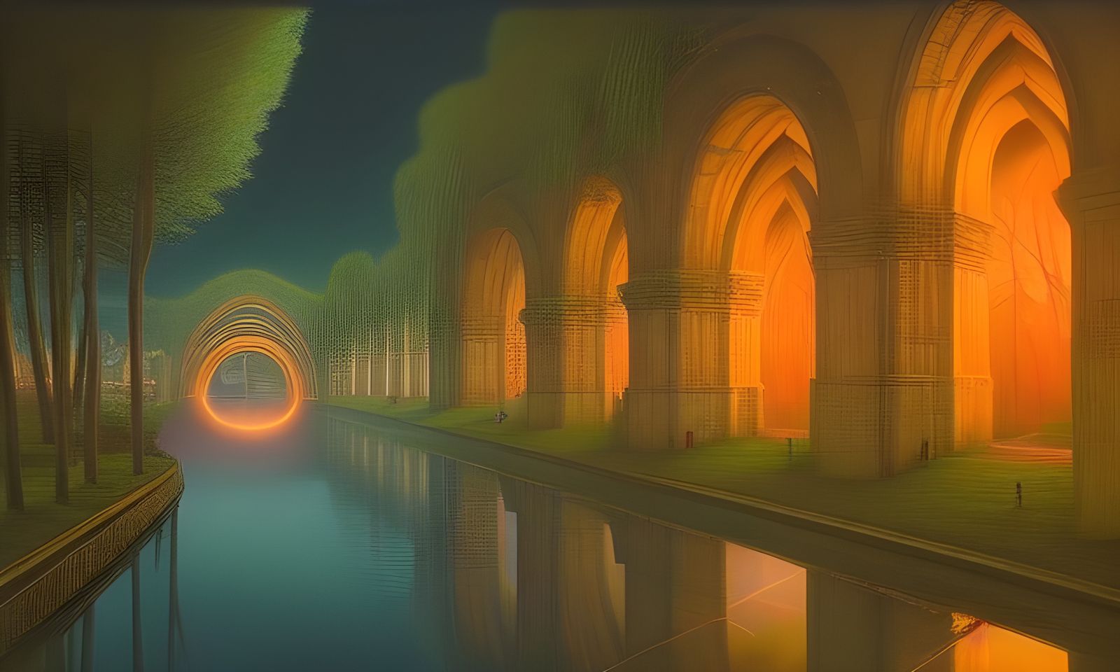 Liminal Waterway with Ancient Arches and Neon Lights
