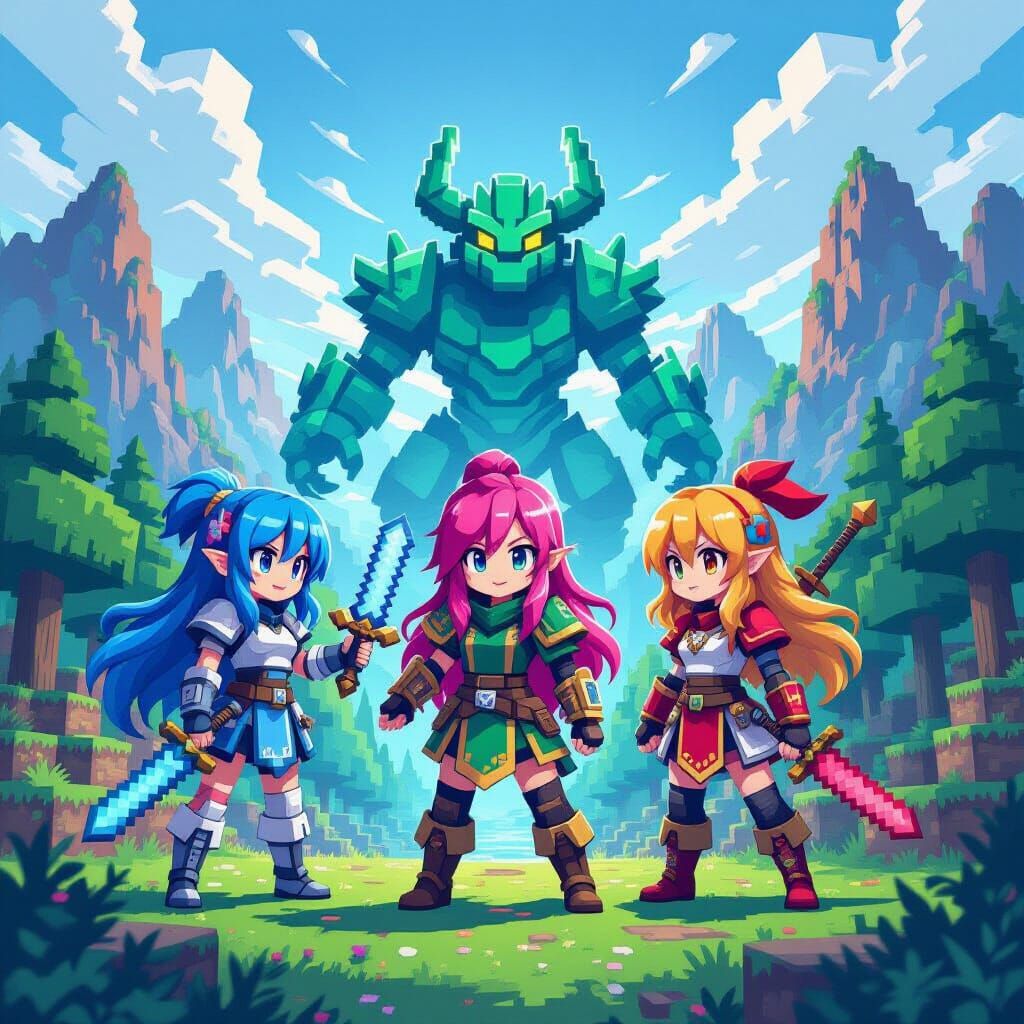 Anime Characters in Minecraft Pixel-Art Forest