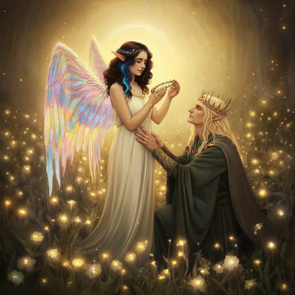 Fantasy Angel Crowned in Bioluminescent Field