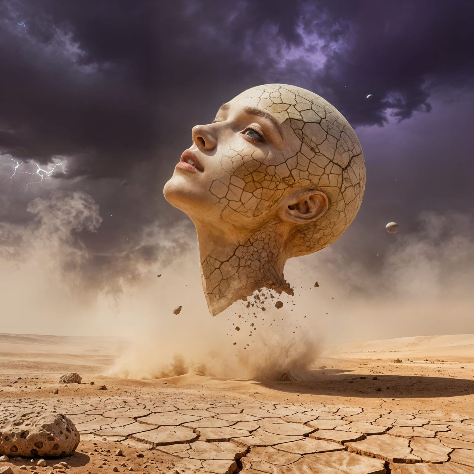 Desert Woman Head in Sandstorm, Dark Fantasy Art