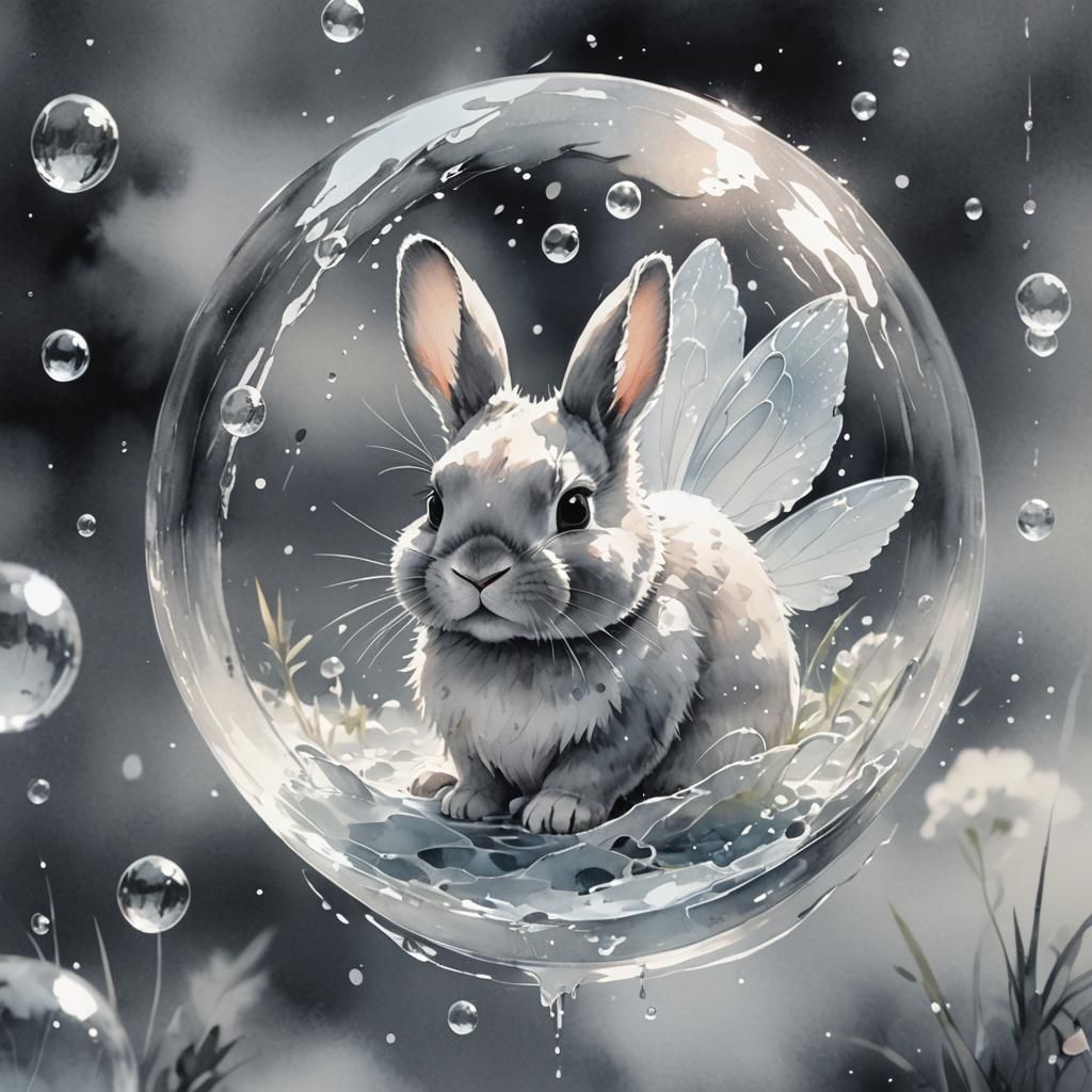 Bunny in Shattered Bubble, Miyazaki-esque Watercolor