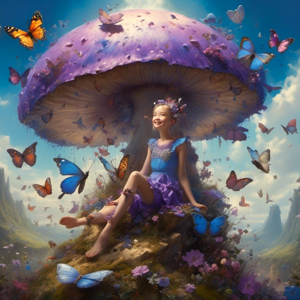 Happy Pixie with Butterflys on a Mushroom
