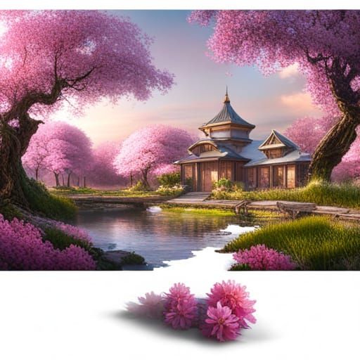 Cherry Blossoms and Bees in a Detailed Digital Painting