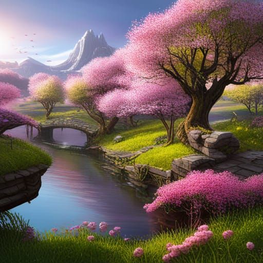 Cherry Blossoms and Bees in Detailed Matte Painting