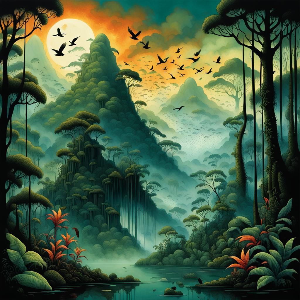Tropical Rainforest Sunset Scene in Detailed Style