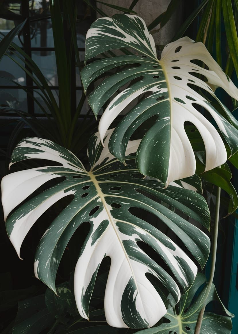 Variegated Monstera Masterpiece with Sunlit Palm Fronds