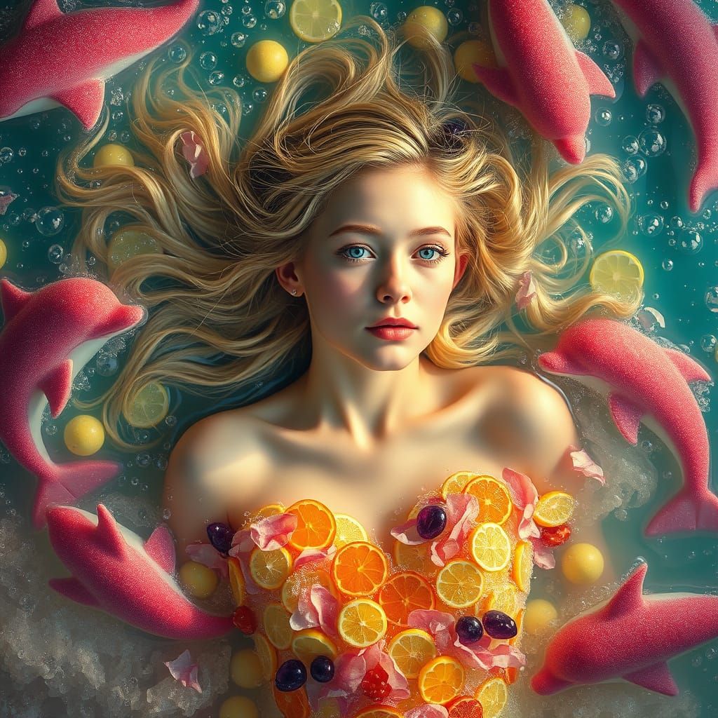 Dreamlike Soda Ocean with Candy Dolphins in Surreal Style