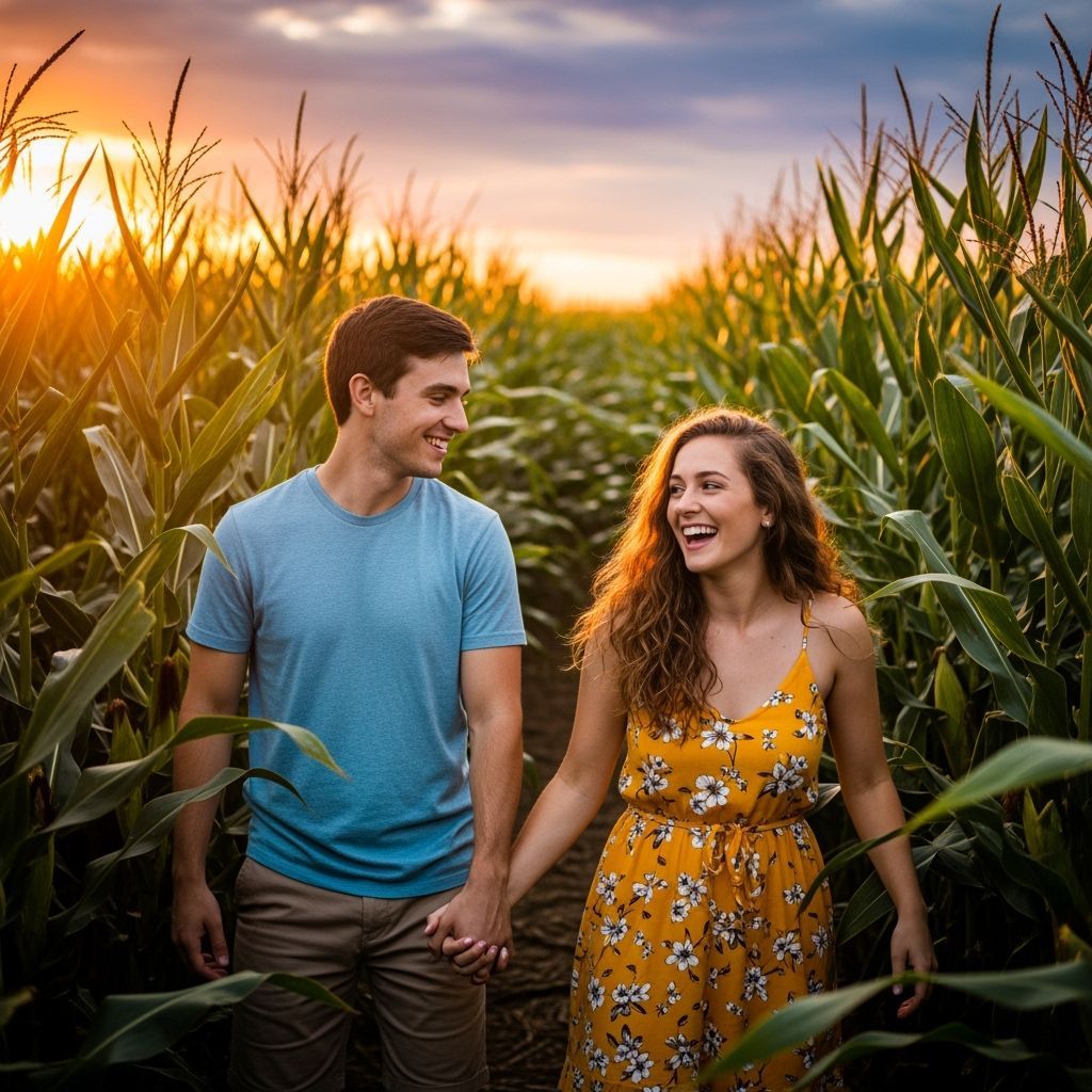 Laughing Couple Navigating Corn Maze at Sunset