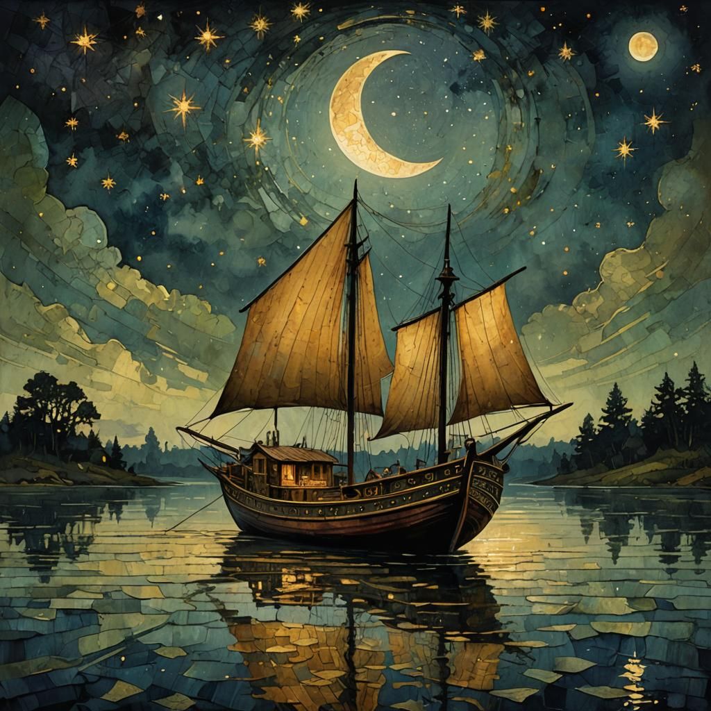 Fantastical Gypsy Boat Sailing Under Starry Moon