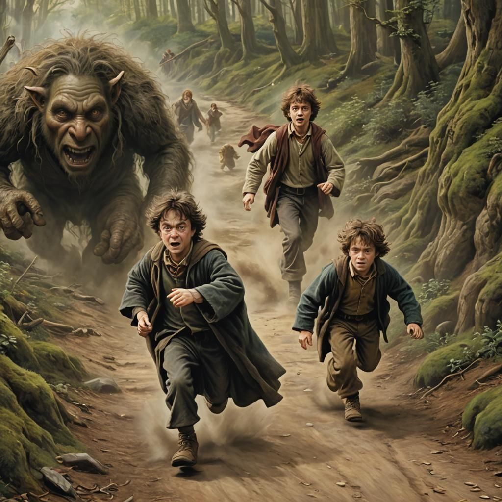 Fantasy Characters Fleeing a Troll