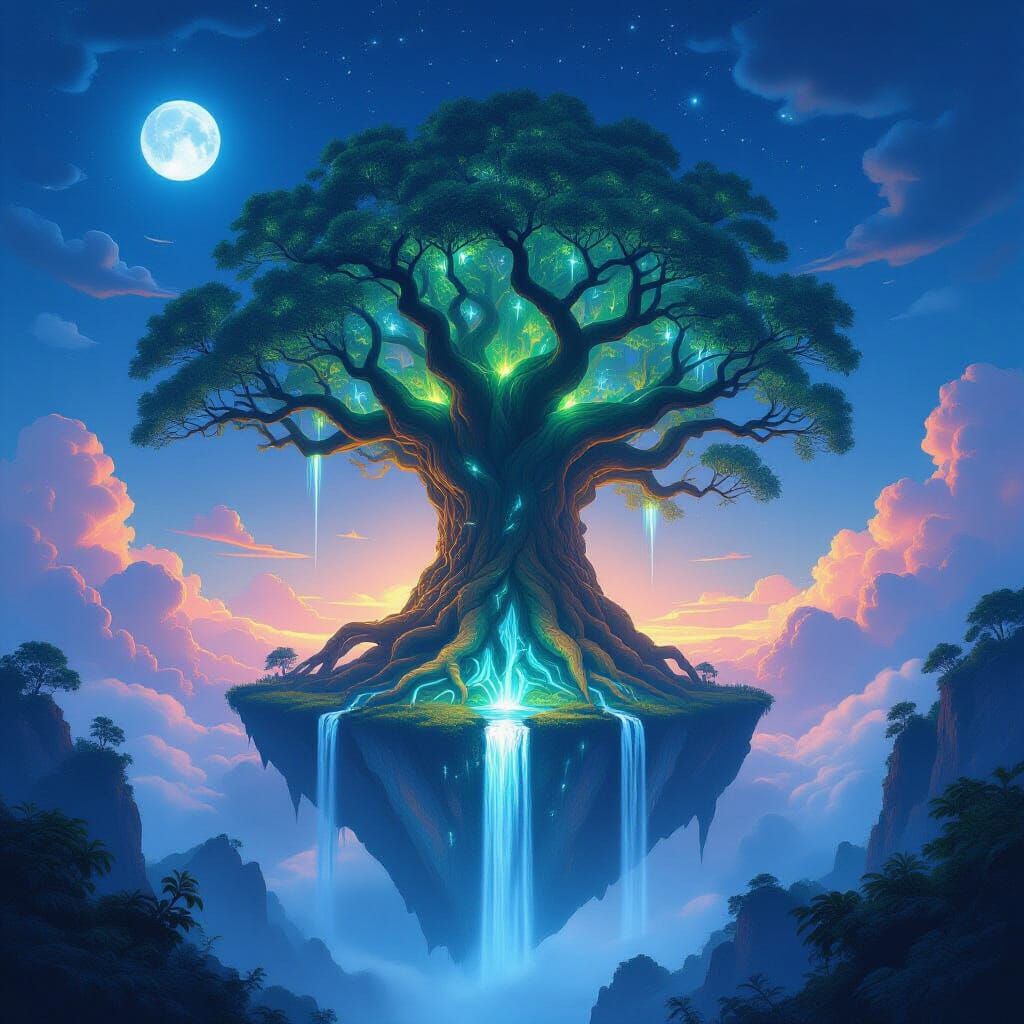 Ancient Bioluminescent Tree Island in Twilight Sky