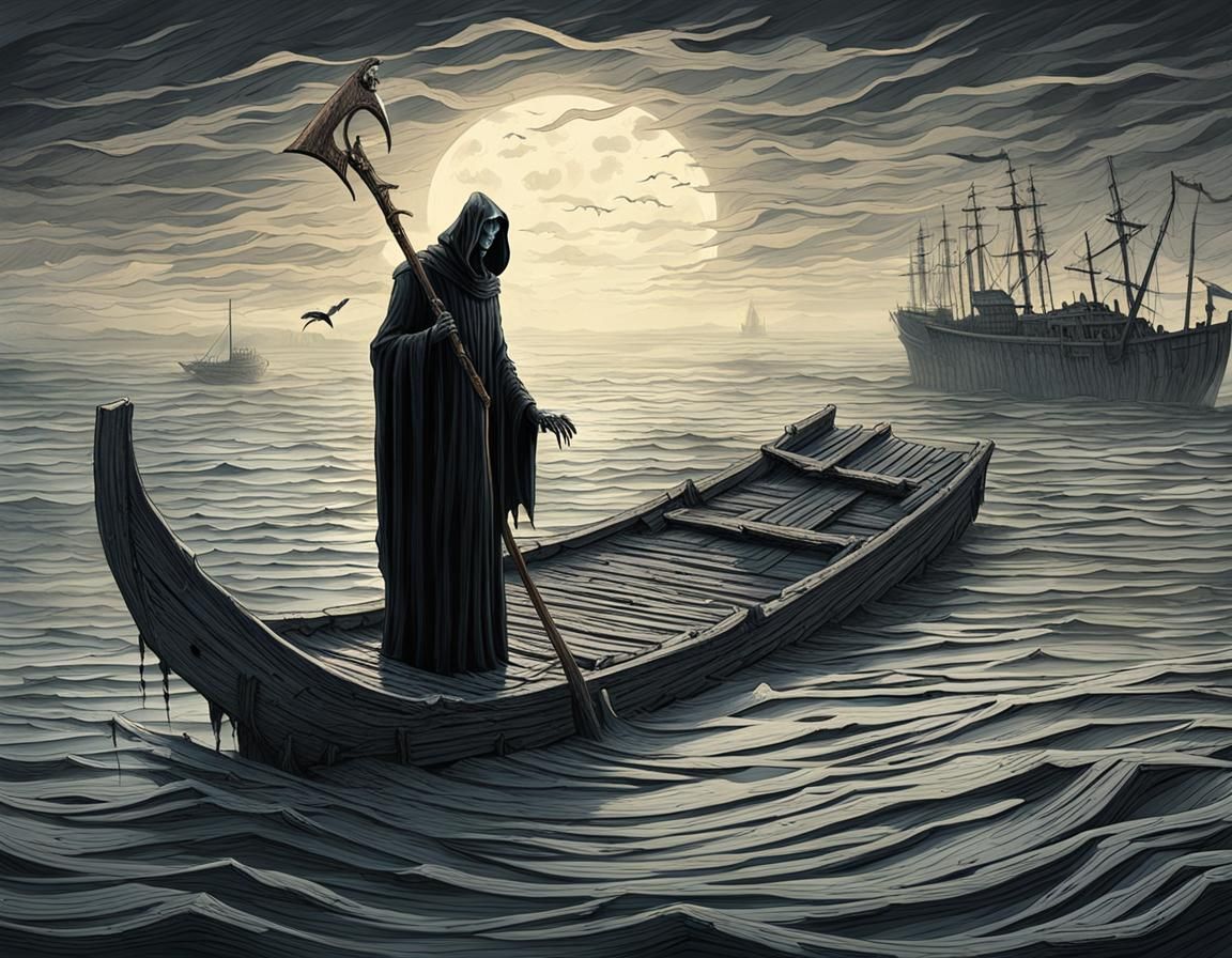 Grim Reaper's Fishing Trip: A Dark Fantasy Illustration