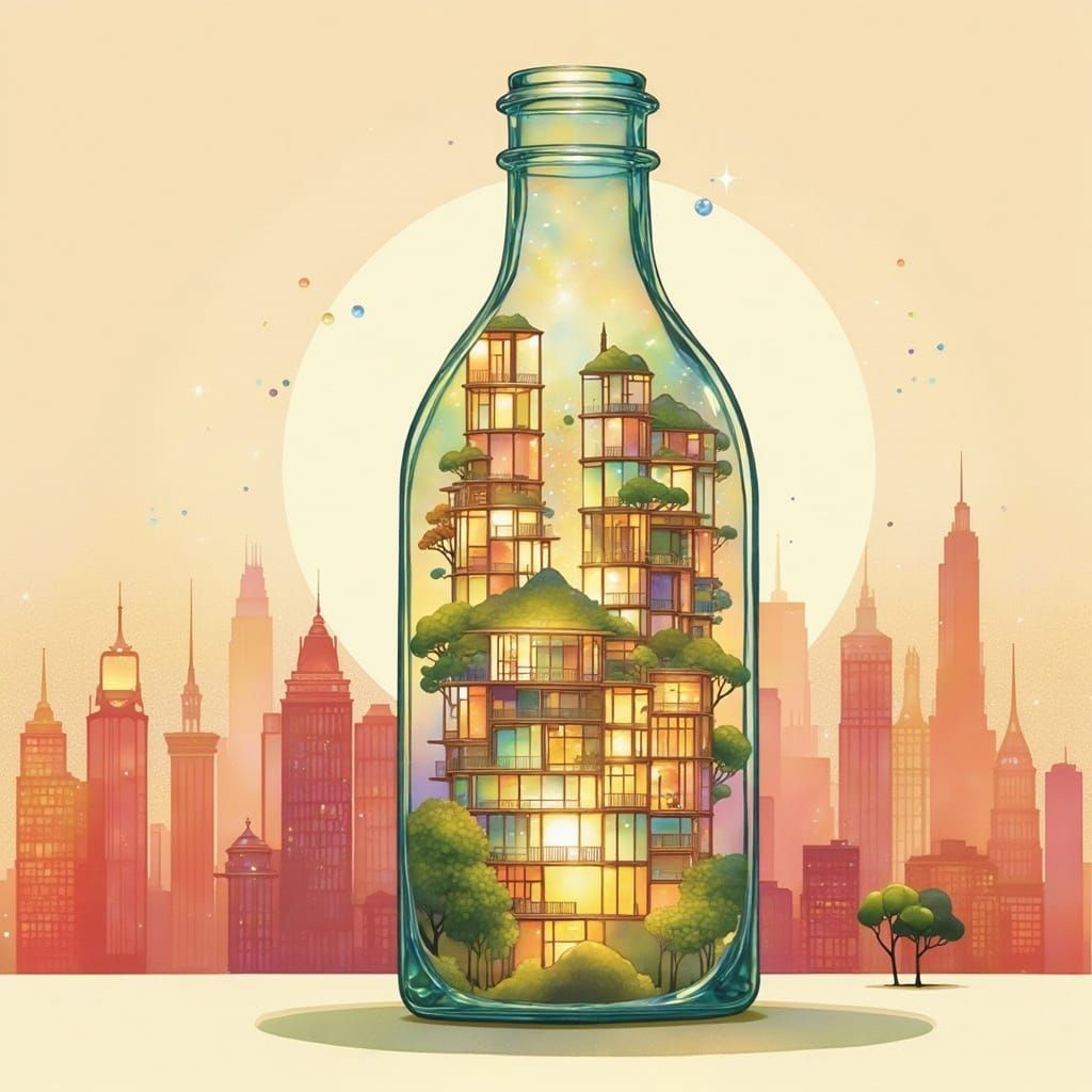 Apartment Building with Glass Bottle Wall in Sci-Fi Style