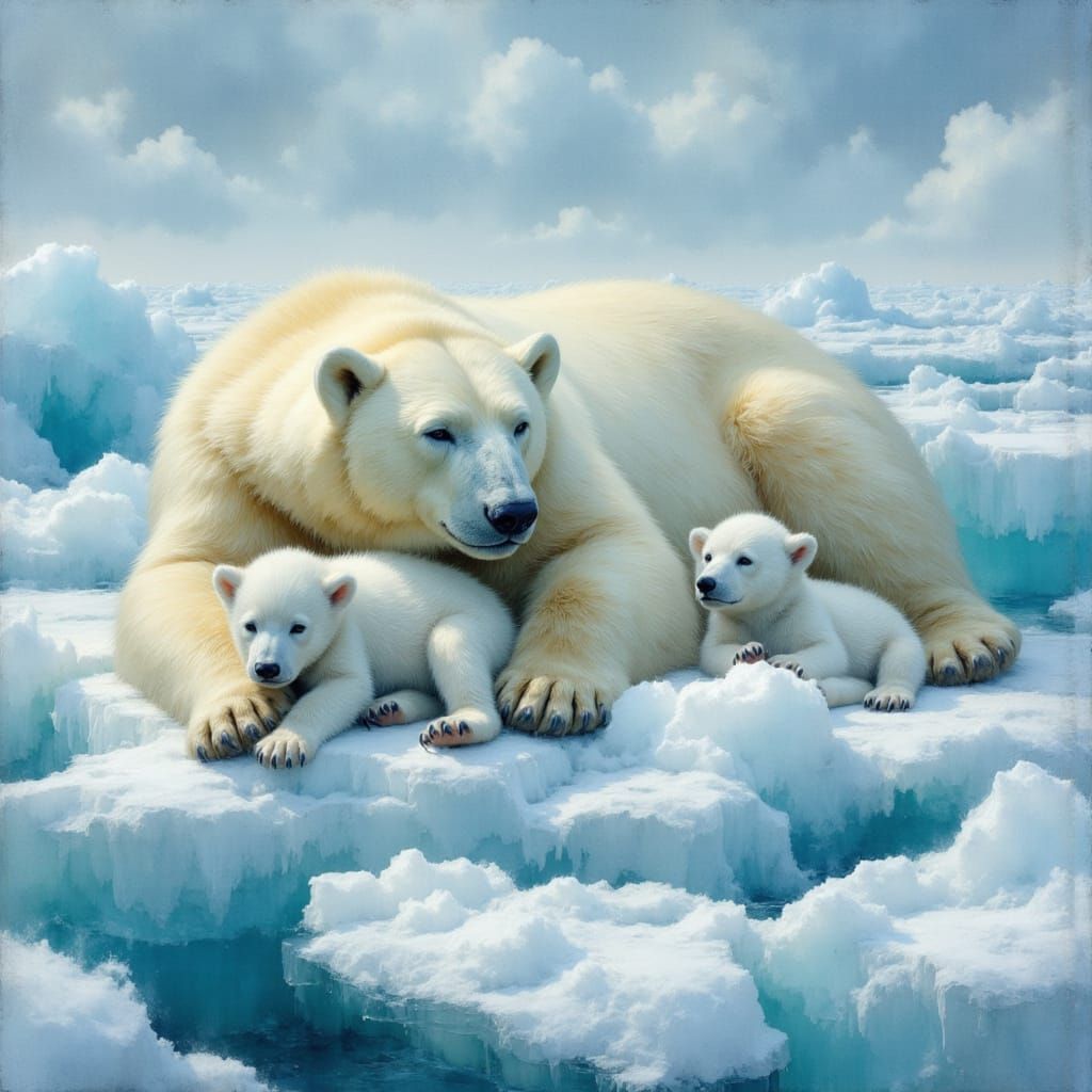 Polar Bear Family Resting on Ice Flow