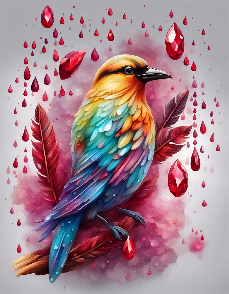 Bird of Rubies in Gemstone Rain