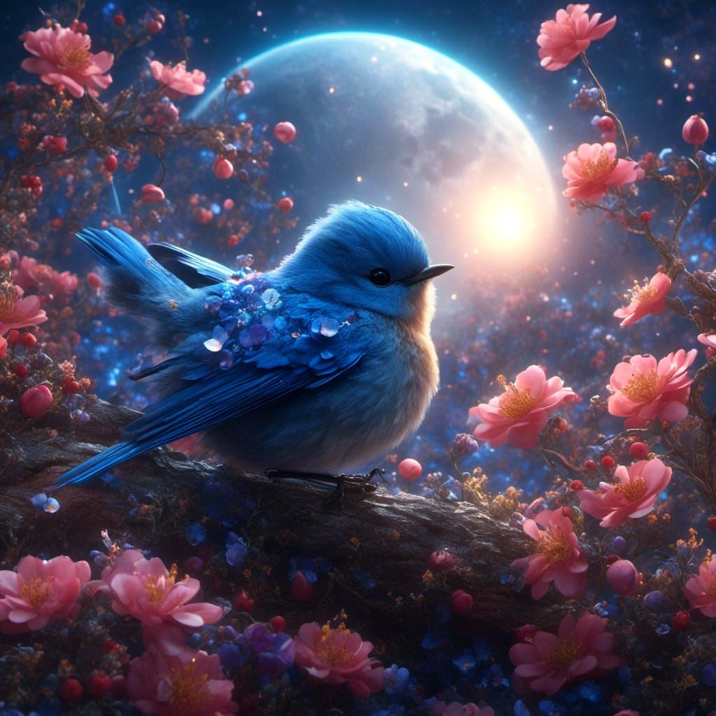 Cute Bluebird in a Celestial Garden