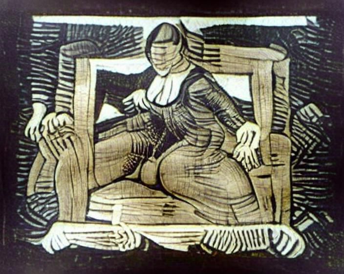 Woodcut: Woman with Open Legs in Black and White