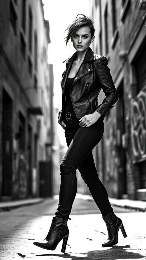 Sleek Urban Icon Strides Through Gritty Alleyway in Bold Bla...