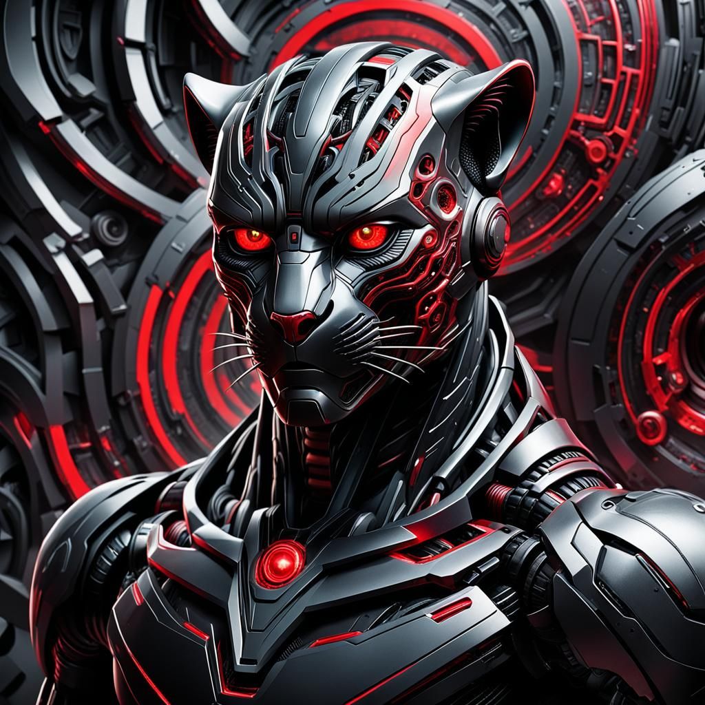 Biomechanical Panther Emerges from Red and Black Void