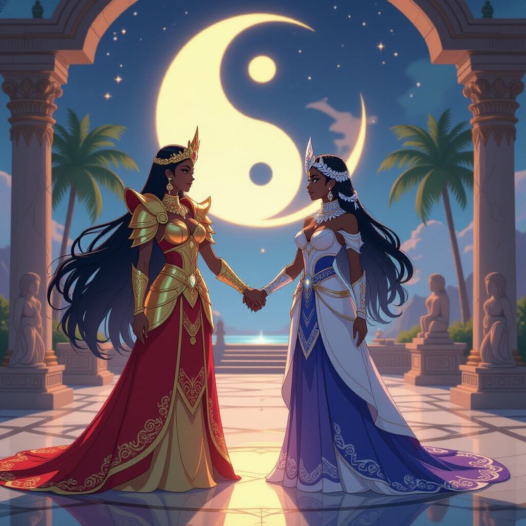 Celestial Goddesses in Anime Style with Yin-Yang Symbol