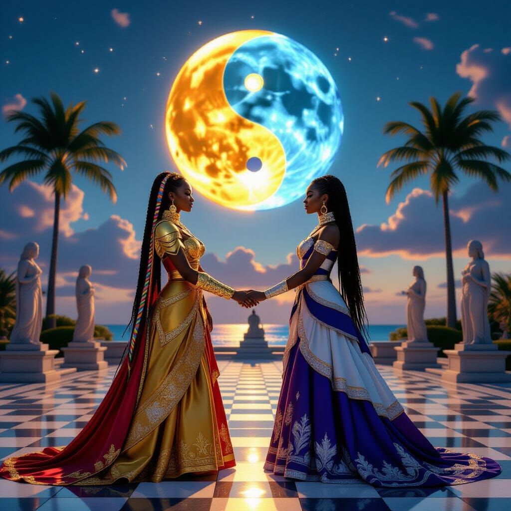 Goddesses Unite Under Yin-Yang in Manga Style