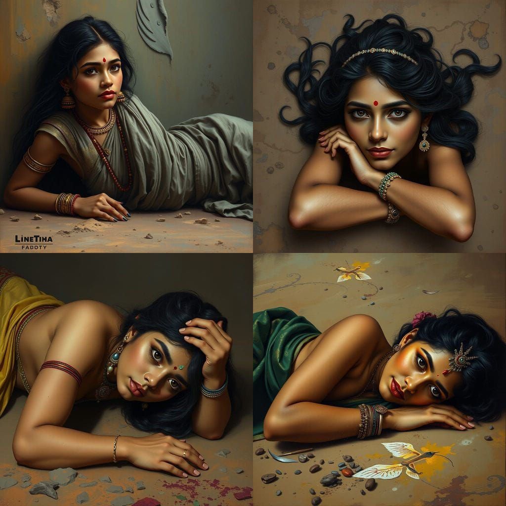 Intricate South Indian Fantasy Scene, Raja Ravi Varma Style