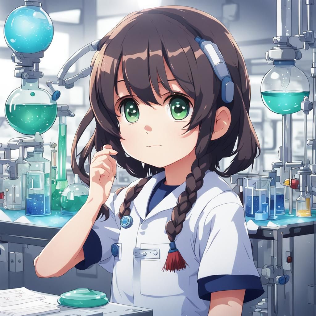 Cartoon Girl in Science Lab, Anime Style