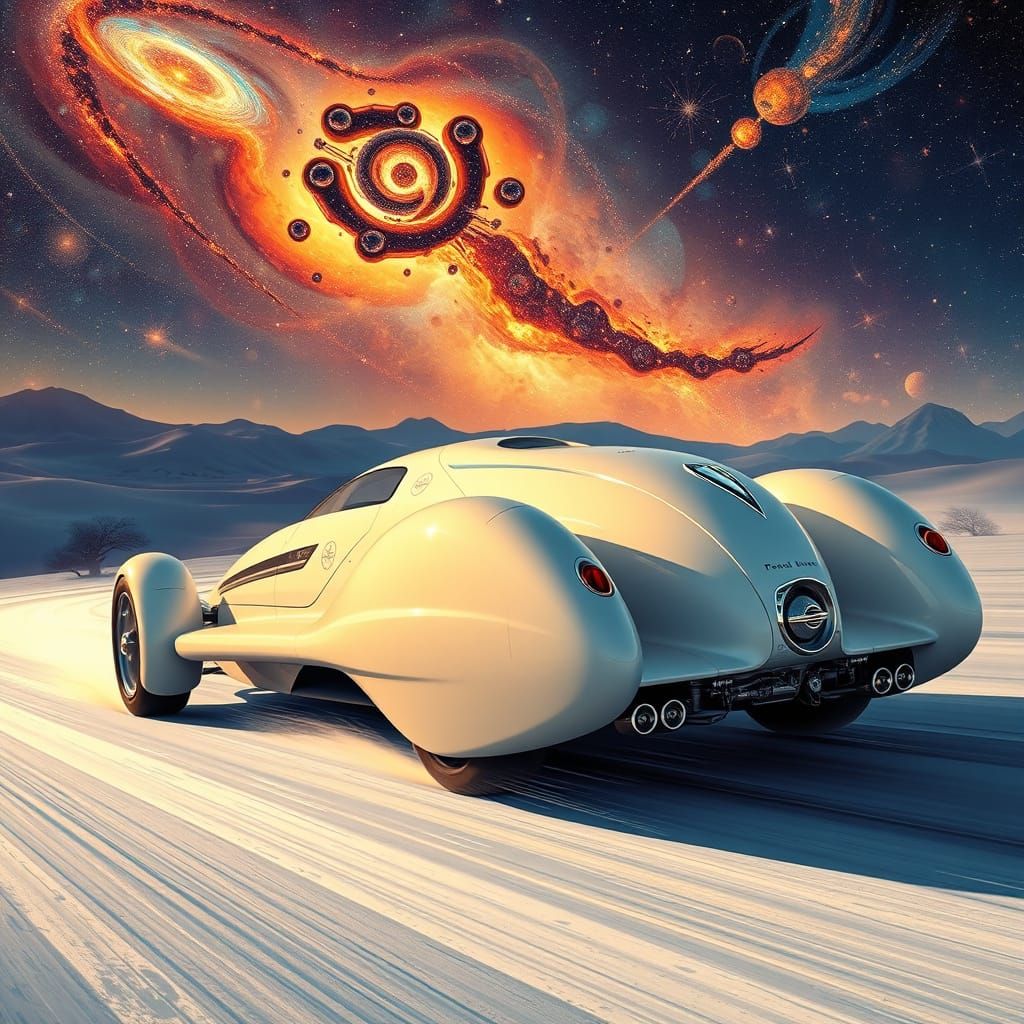 Sleek Art Deco Formula 1 Speeds Through Starry Snowy Desert
