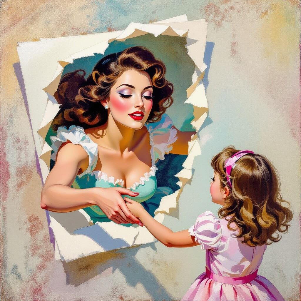 Surreal Portrait of Mother Emerging from Photo to Embrace Da...