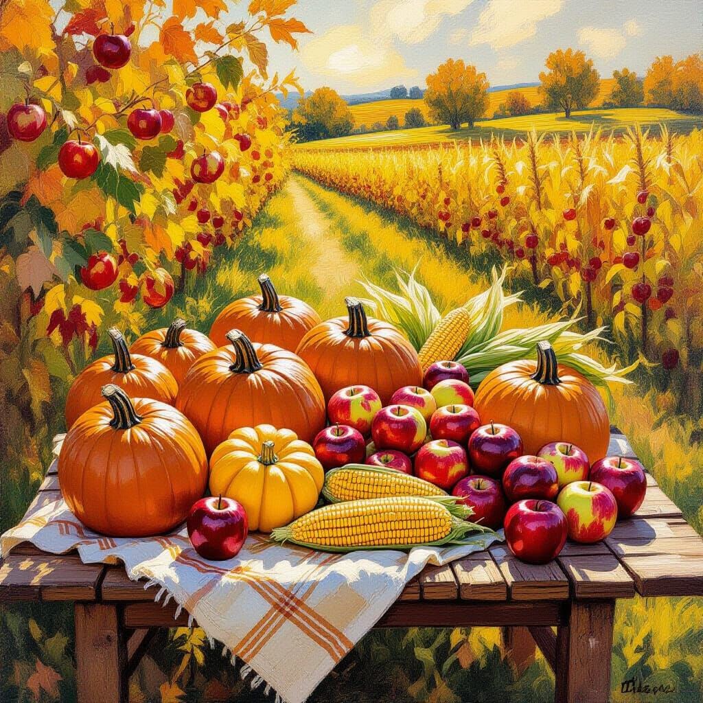 Golden Harvest Table in Sun-Drenched Orchard