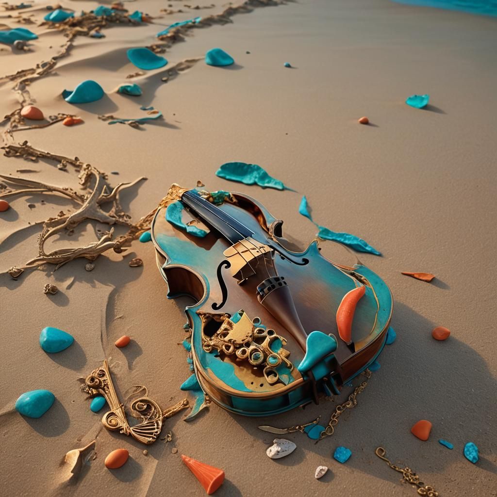 Violin on Deserted Beach at Sunset: Magical Realism