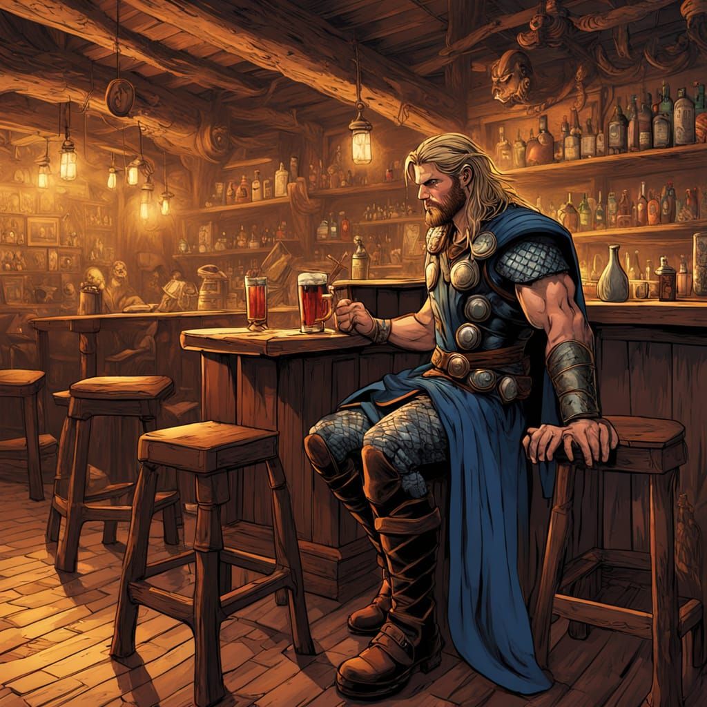 Thor in a Tavern, Mead in Hand, Hammer on Table