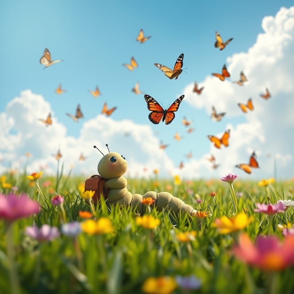 Caterpillar Watching Butterflies in Pixar Style