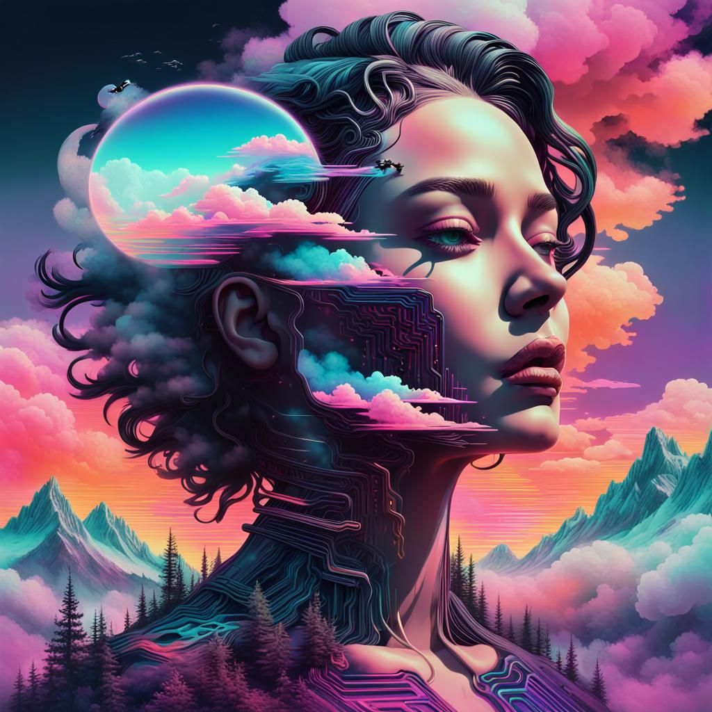 Surreal Vaporwave Landscape with Neon Cloud Woman